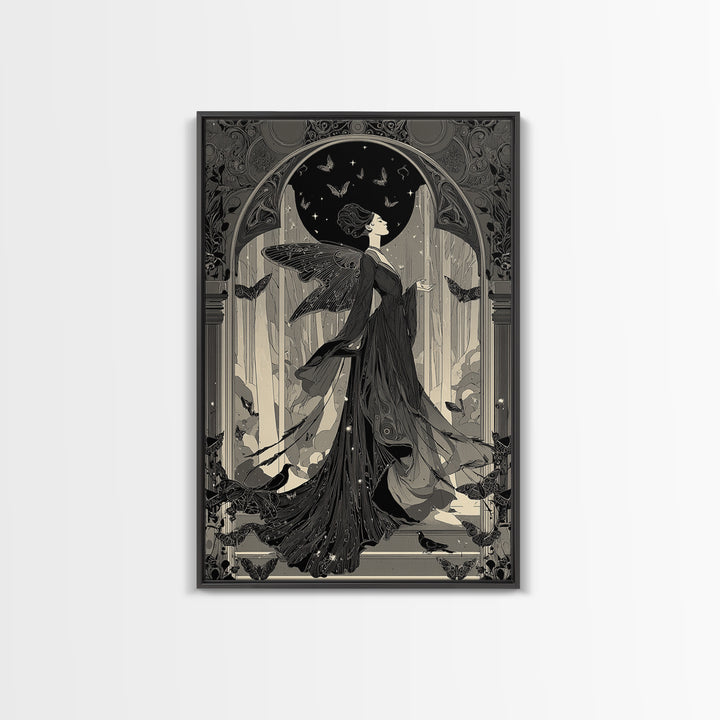 The Moth-Winged Empress, Decadent Line Art, Vertical Wall Art, Gothic Horror Wall Art, Framed Canvas Print, Halloween Wall Art
