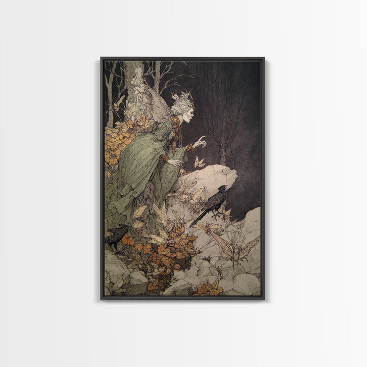 The Moth-Winged Empress, Gothic Storybook Art, Vertical Wall Art, Macabre Wall Art, Framed Canvas Print, Halloween Wall Art