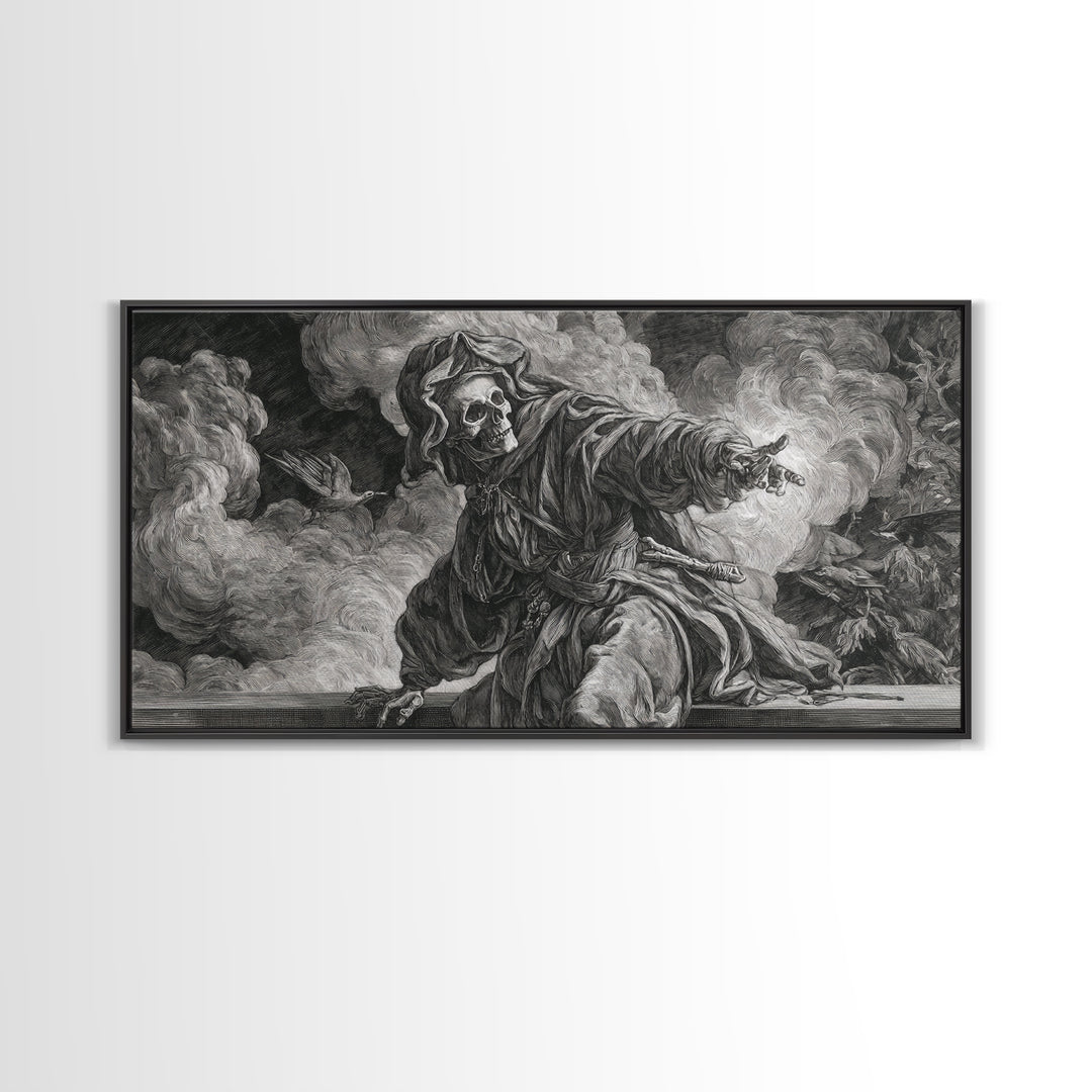 The Ash-Covered Oracle, Danse Macabre Art, Wide Panoramic Art, Dark Fantasy Wall Art, Canvas Print, Halloween Wall Art