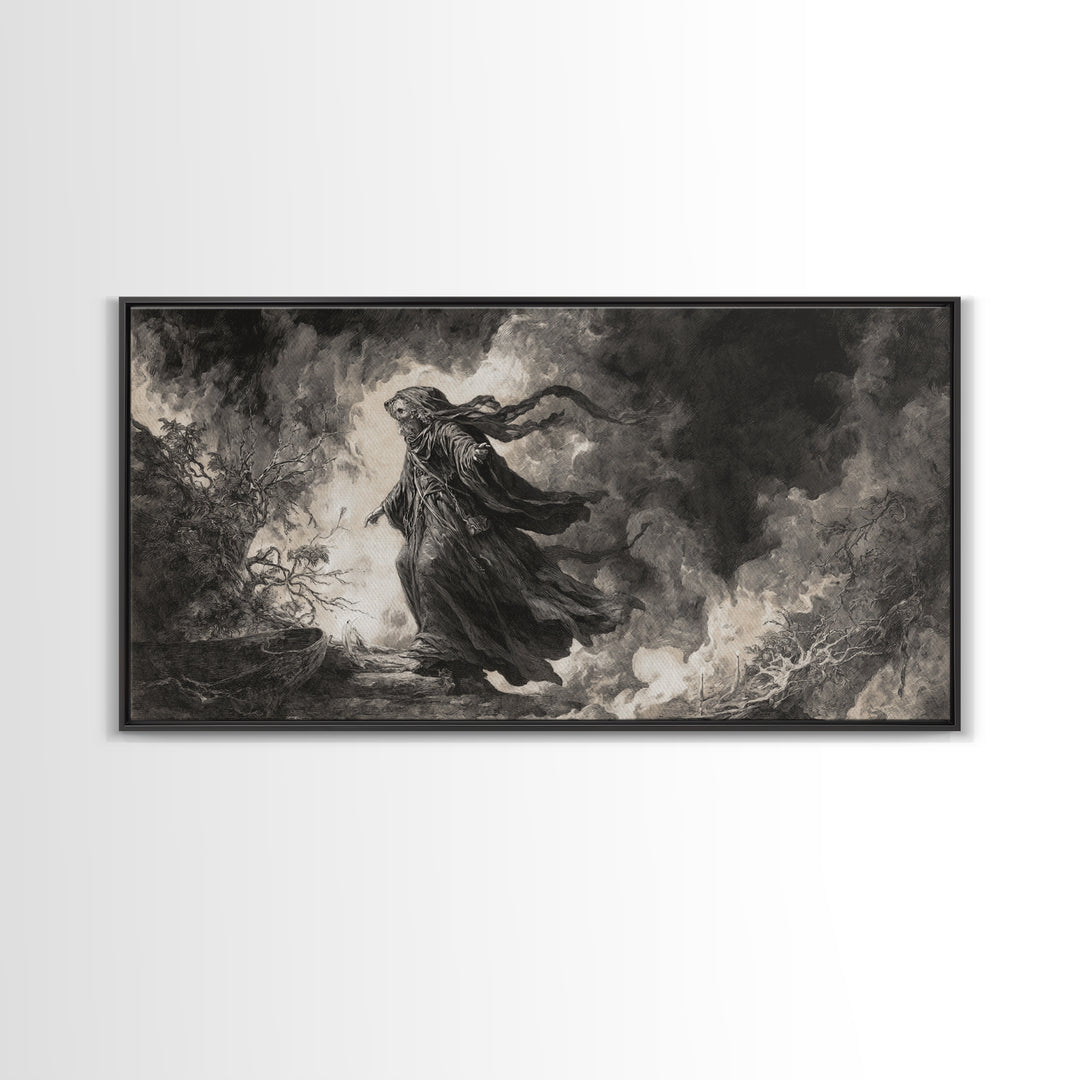 The Ash-Covered Oracle, Baroque Witchcraft Art, Wide Panoramic Art, Gothic Horror Wall Art, Framed Canvas Print, Halloween Wall Art