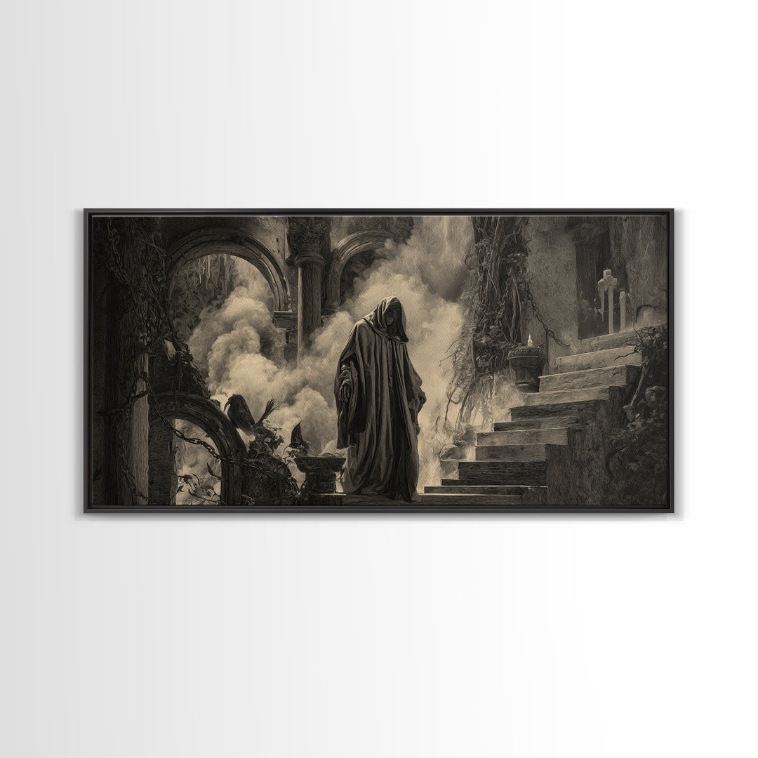 The Ash-Covered Oracle, Architectural Etching Art, Wide Panoramic Art, Dark Fantasy Wall Art, Framed Canvas Print