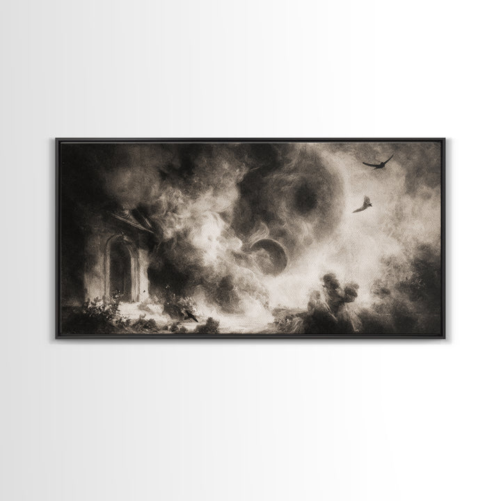 The Ash-Covered Oracle, Symbolist Dream Art, Wide Panoramic Art, Dark Halloween Decor, Framed Canvas Print, Halloween Wall Art