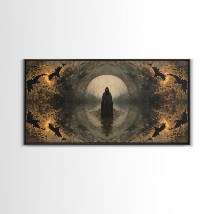 The Ash-Covered Oracle, Symbolist Gothic Landscape, Wide Panoramic Art, Dark Fantasy Wall Art, Canvas Print, Halloween Wall Art