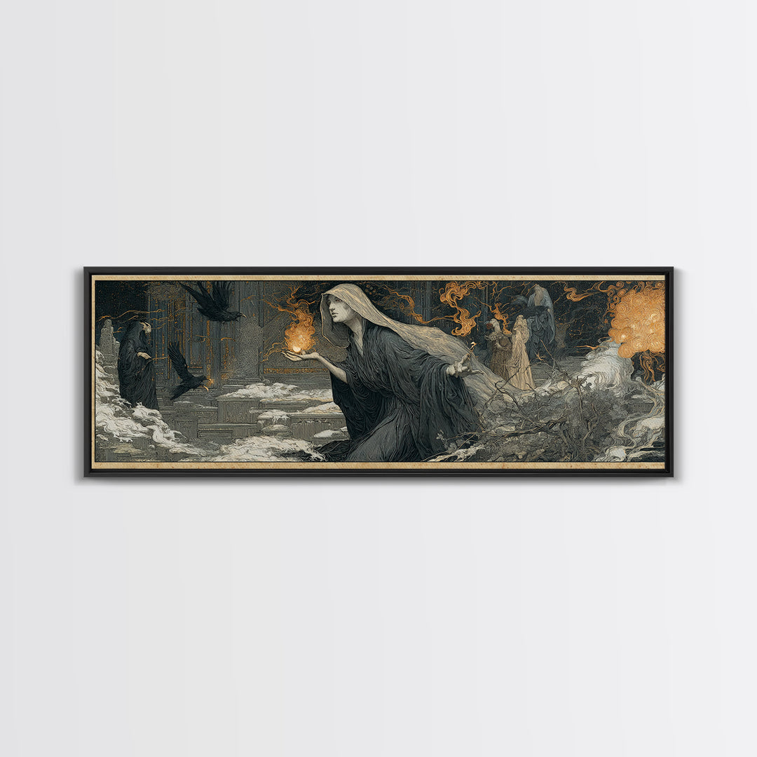 The Ash-Covered Oracle, Symbolist Death Art, Extra Wide Wall Art, Gothic Horror Wall Art, Canvas Print, Halloween Wall Art