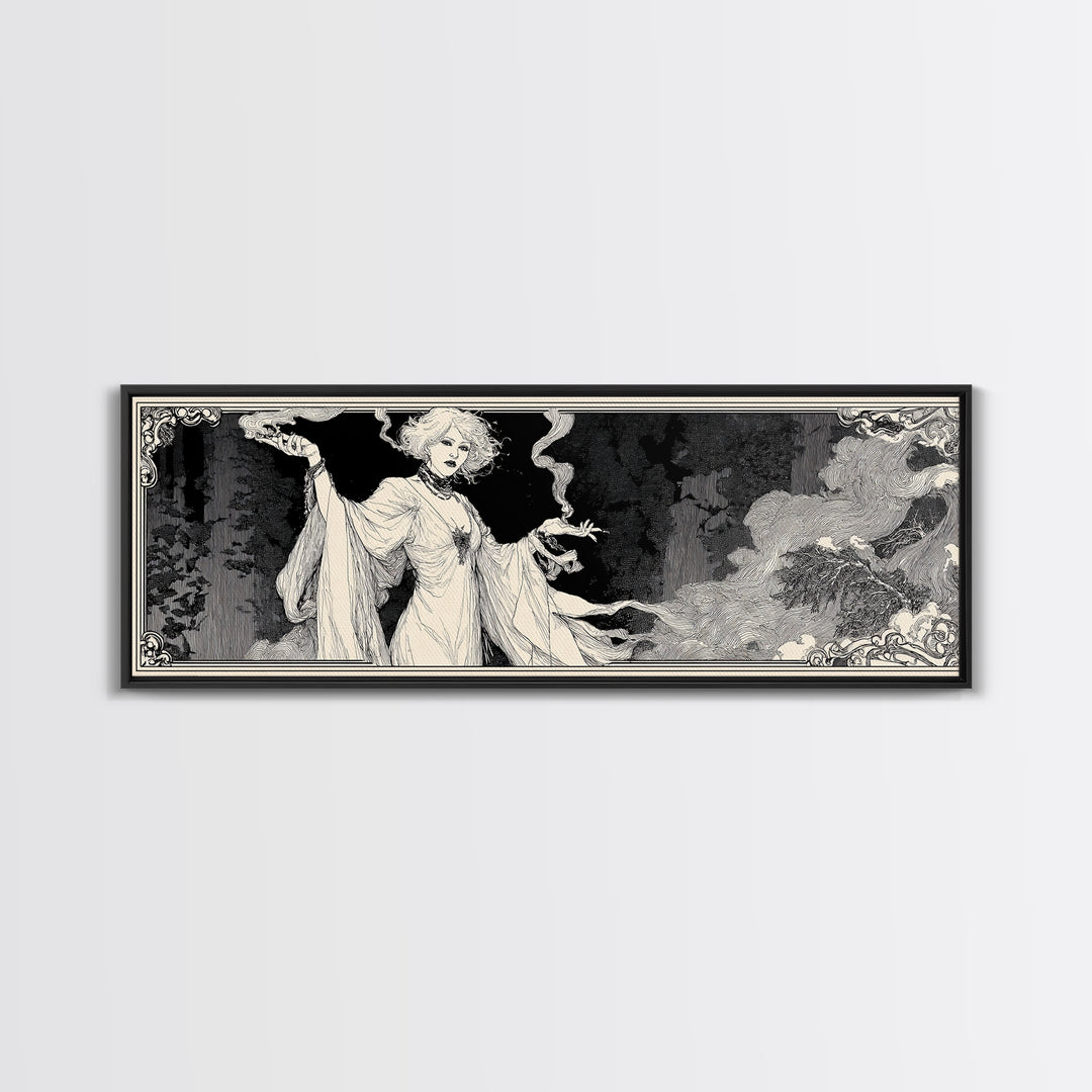 The Ash-Covered Oracle, Decadent Line Art, Extra Wide Wall Art, Gothic Horror Wall Art, Framed Canvas Print, Halloween Wall Art