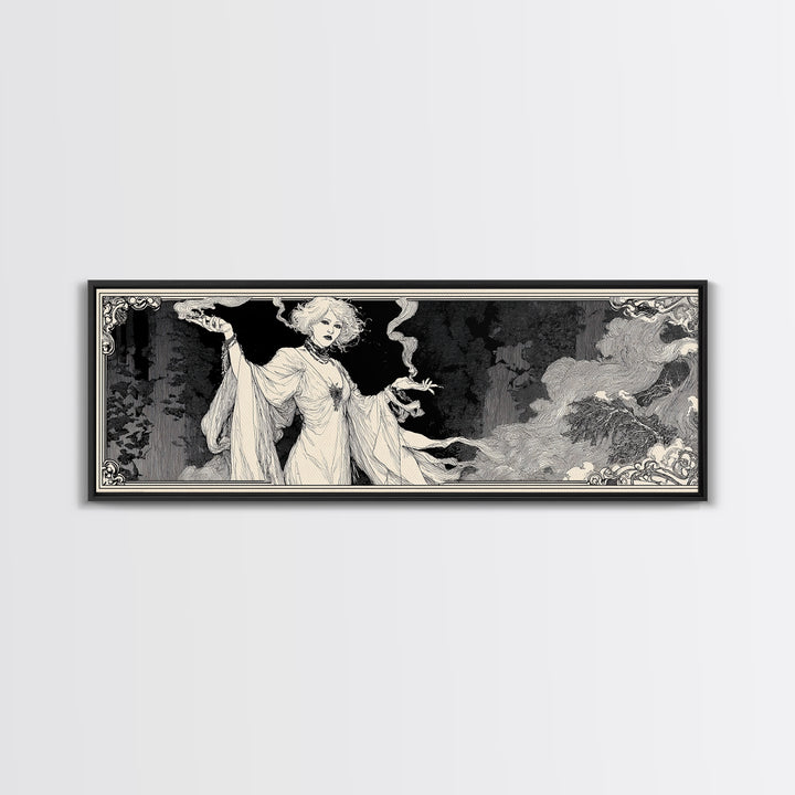 The Ash-Covered Oracle, Decadent Line Art, Extra Wide Wall Art, Gothic Horror Wall Art, Framed Canvas Print, Halloween Wall Art