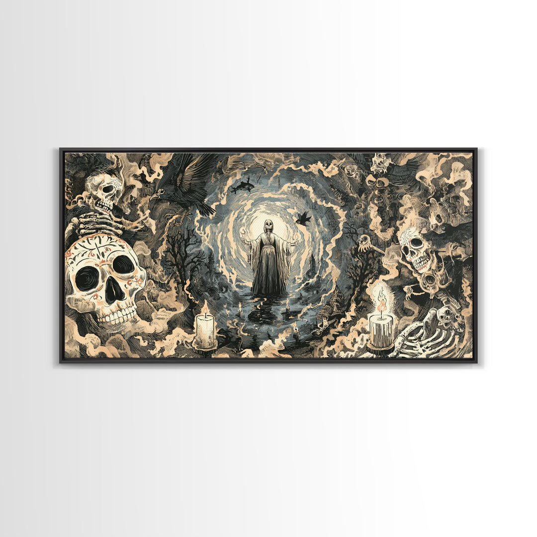The Ash-Covered Oracle, Macabre Folk Print Art, Wide Panoramic Art, Gothic Horror Wall Art, Canvas Print, Halloween Wall Art