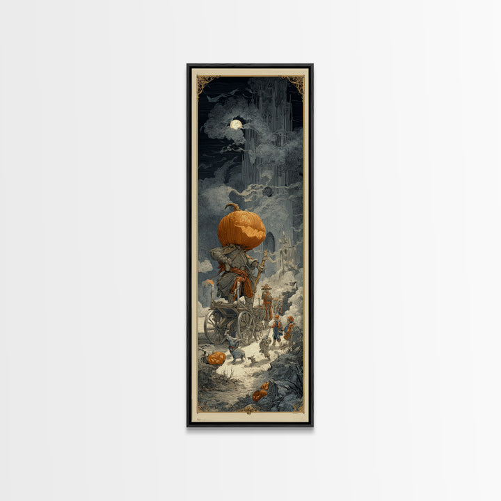 The Pumpkin-Headed Tea Merchant, Gothic Engraving Art, Tall Narrow Wall Art, Dark Fantasy Wall Art, Framed Canvas Print