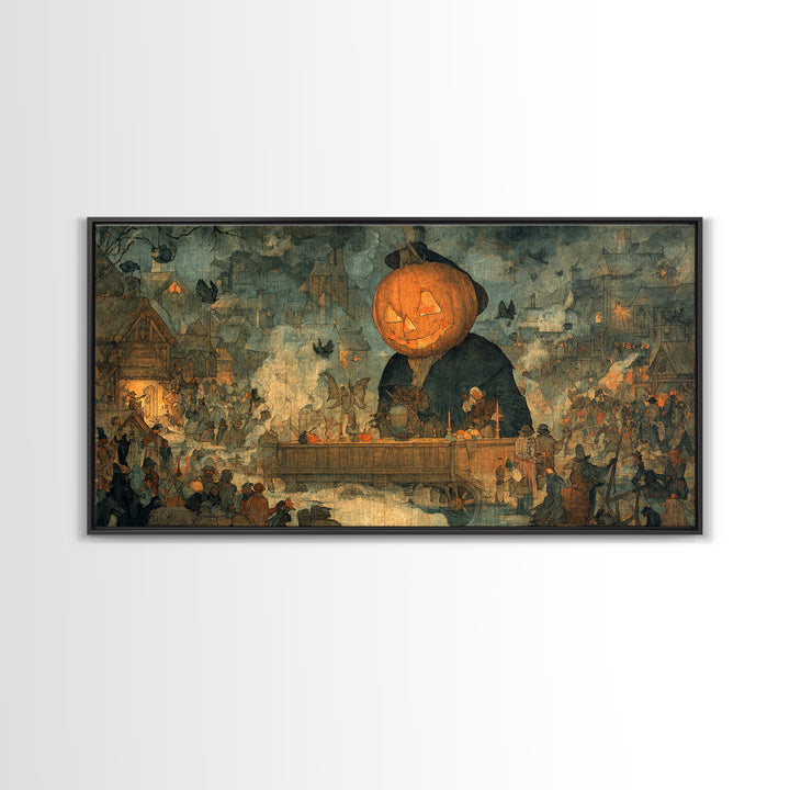 The Pumpkin-Headed Tea Merchant, Northern Renaissance Horror, Wide Panoramic Art, Gothic Horror Wall Art, Canvas Print