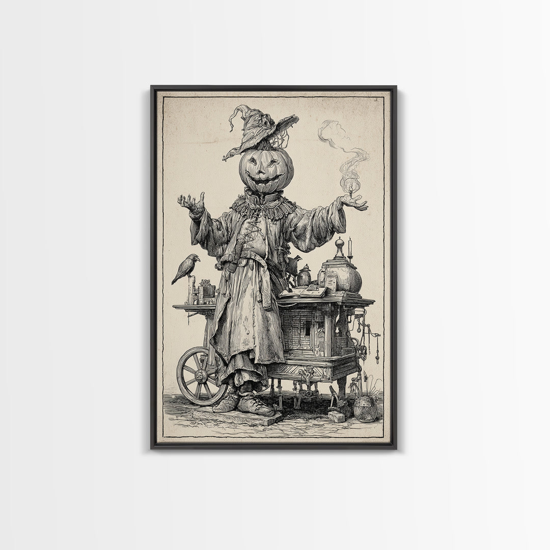 The Pumpkin-Headed Tea Merchant, Renaissance Engraving Art, Vertical Wall Art, Macabre Wall Art, Canvas Print, Halloween Wall Art
