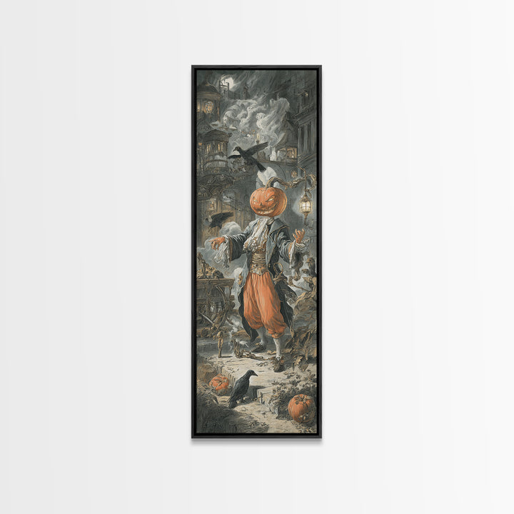 The Pumpkin-Headed Tea Merchant, Architectural Etching Art, Tall Narrow Wall Art, Dark Halloween Decor, Framed Canvas Print