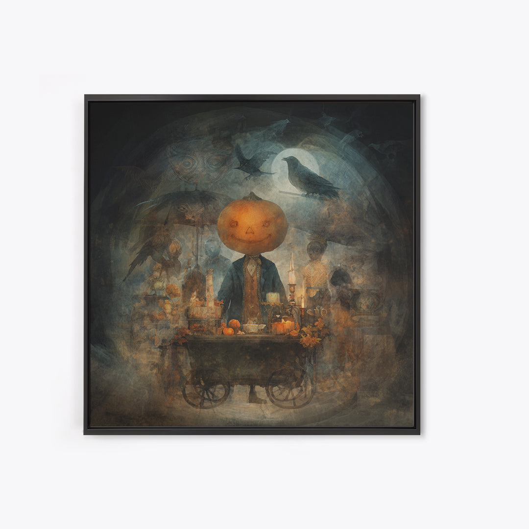 The Pumpkin-Headed Tea Merchant, Symbolist Dream Art, Square Wall Art, Dark Halloween Decor, Framed Canvas Print, Halloween Wall Art