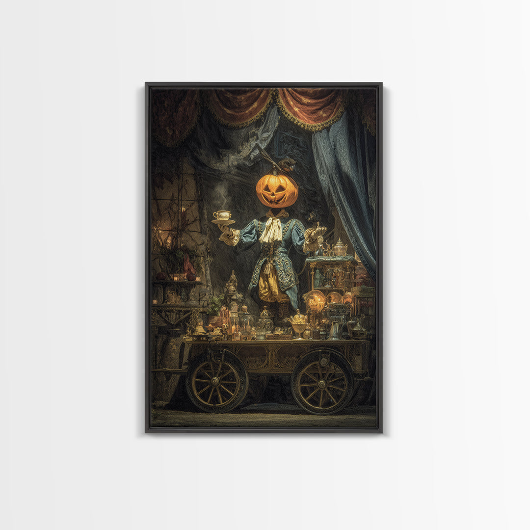 The Pumpkin-Headed Tea Merchant, Ornate Symbolist Art, Vertical Wall Art, Macabre Wall Art, Framed Canvas Print, Halloween Wall Art
