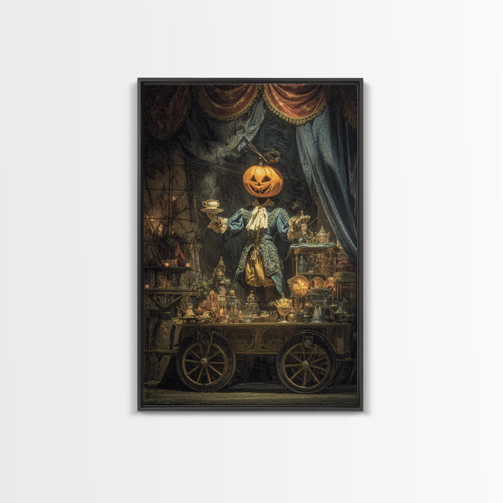 The Pumpkin-Headed Tea Merchant, Ornate Symbolist Art, Vertical Wall Art, Macabre Wall Art, Framed Canvas Print, Halloween Wall Art