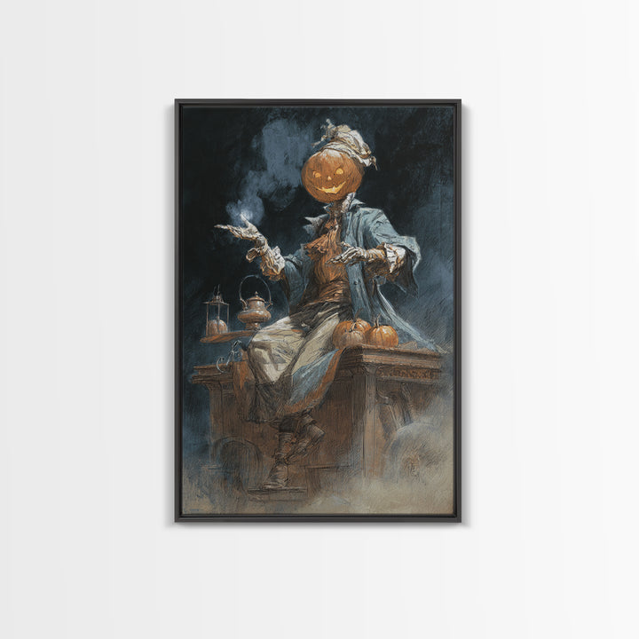 The Pumpkin-Headed Tea Merchant, Decadent Gothic Art, Vertical Wall Art, Dark Fantasy Wall Art, Canvas Print, Halloween Wall Art