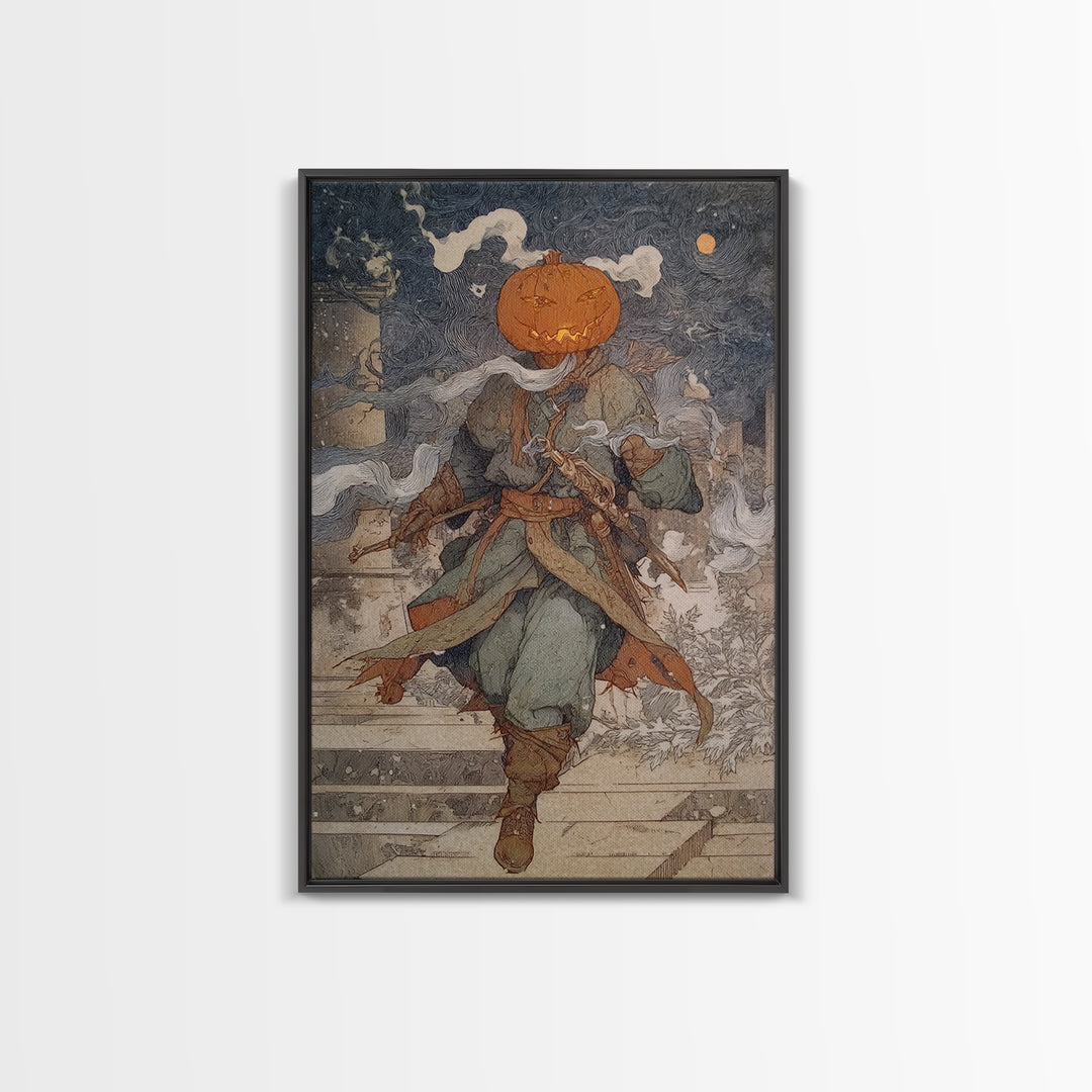 The Pumpkin-Headed Tea Merchant, Symbolist Death Art, Vertical Wall Art, Macabre Wall Art, Canvas Print, Halloween Wall Art