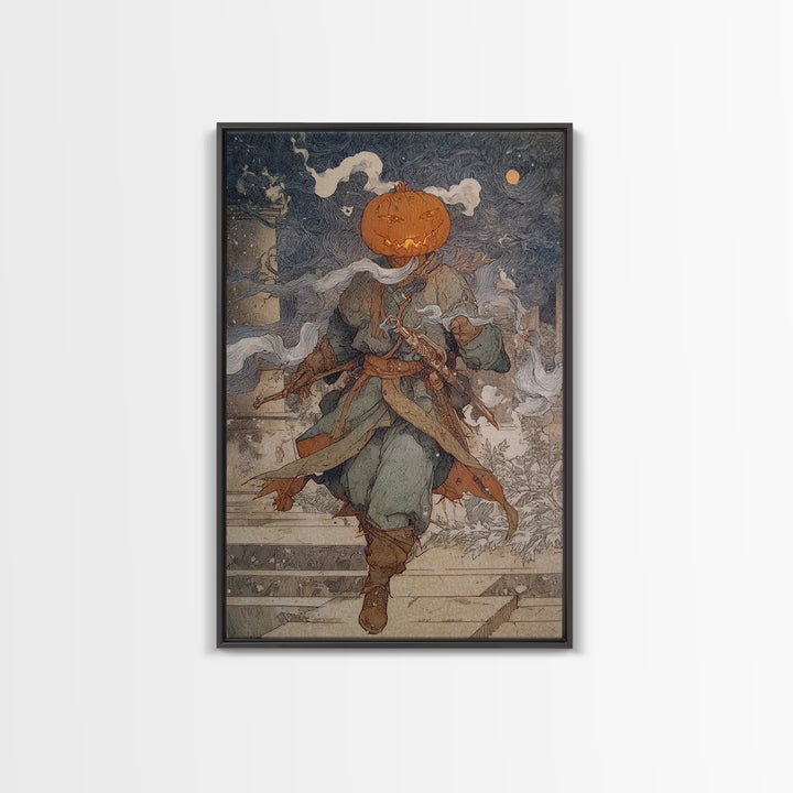 The Pumpkin-Headed Tea Merchant, Symbolist Death Art, Vertical Wall Art, Macabre Wall Art, Canvas Print, Halloween Wall Art