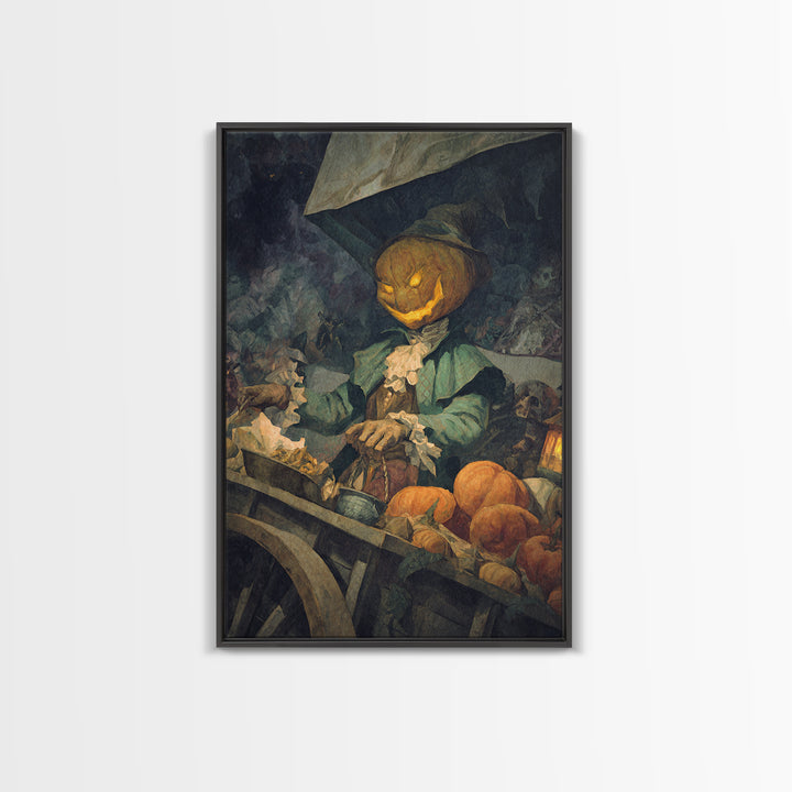 The Pumpkin-Headed Tea Merchant, Dark Symbolist Art, Vertical Wall Art, Dark Halloween Decor, Canvas Print, Halloween Wall Art