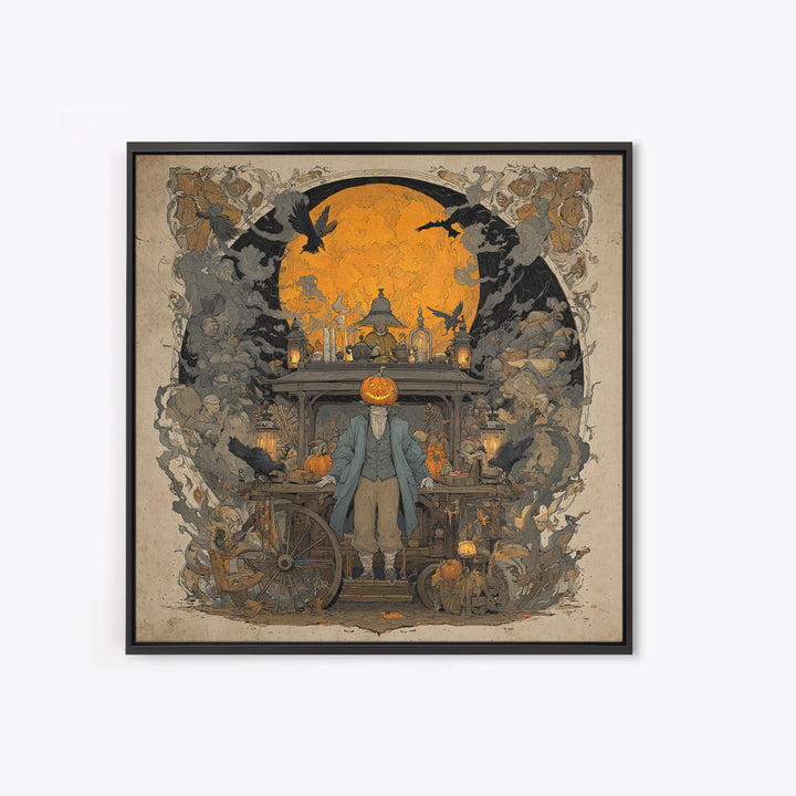 The Pumpkin-Headed Tea Merchant, Symbolist Etching Art, Square Wall Art, Macabre Wall Art, Framed Canvas Print, Halloween Wall Art