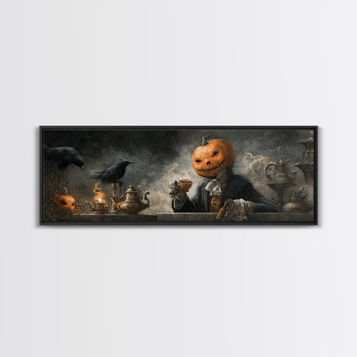 The Pumpkin-Headed Tea Merchant, Expressionist Nightmare Art, Extra Wide Wall Art, Gothic Horror Wall Art, Canvas Print, Halloween Wall Art