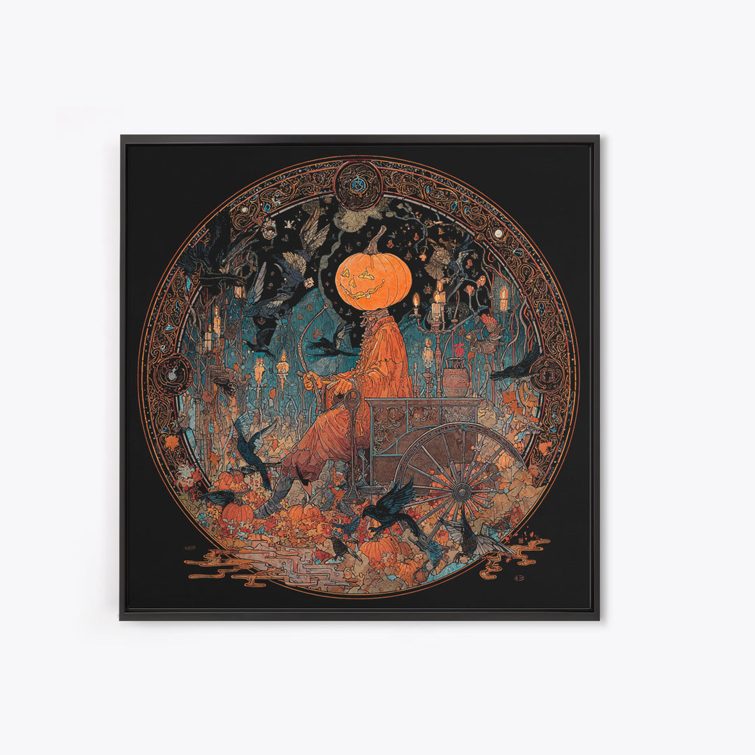 The Pumpkin-Headed Tea Merchant, Stained Glass Gothic Art, Square Wall Art, Macabre Wall Art, Canvas Print, Halloween Wall Art