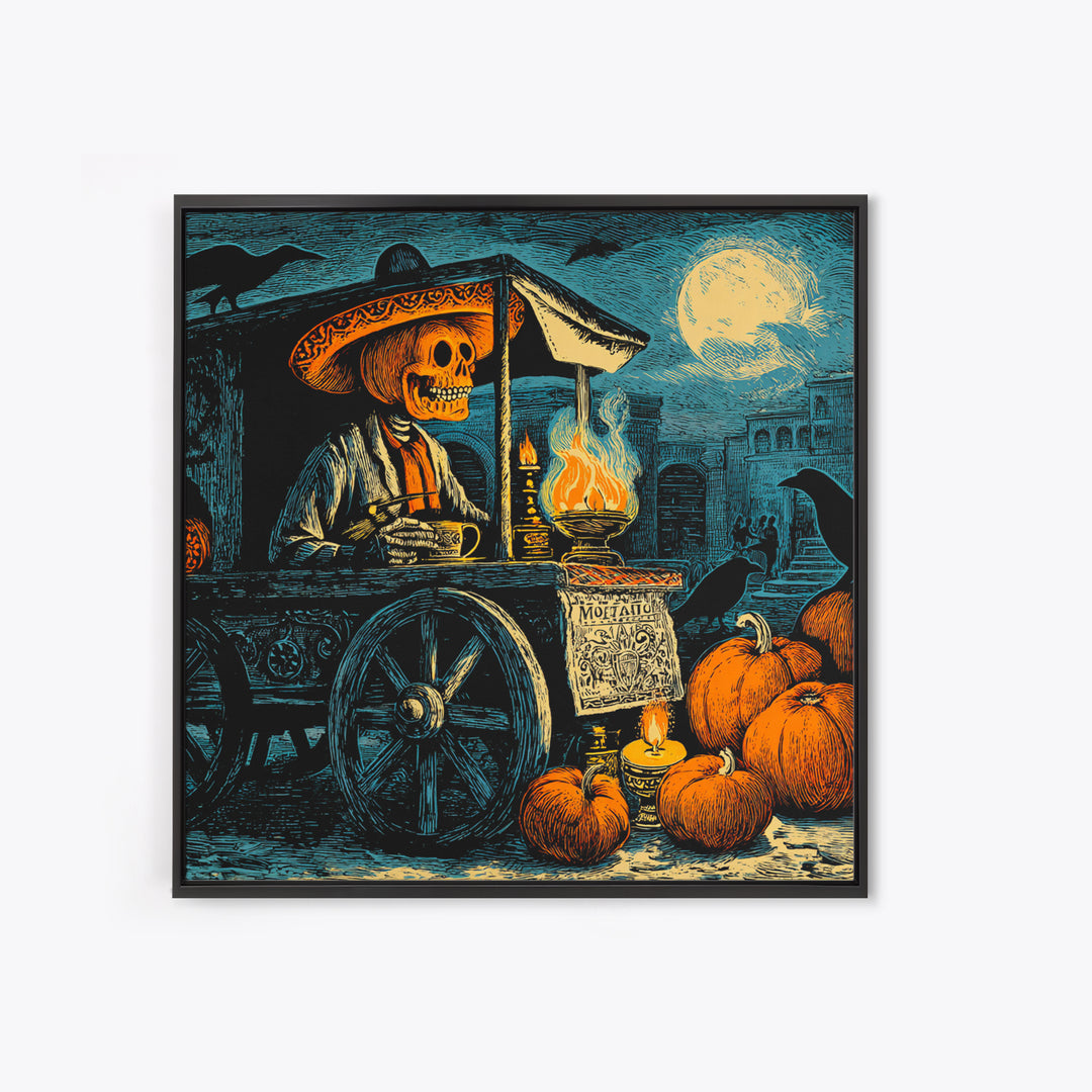 The Pumpkin-Headed Tea Merchant, Macabre Folk Print Art, Square Wall Art, Dark Halloween Decor, Canvas Print, Halloween Wall Art