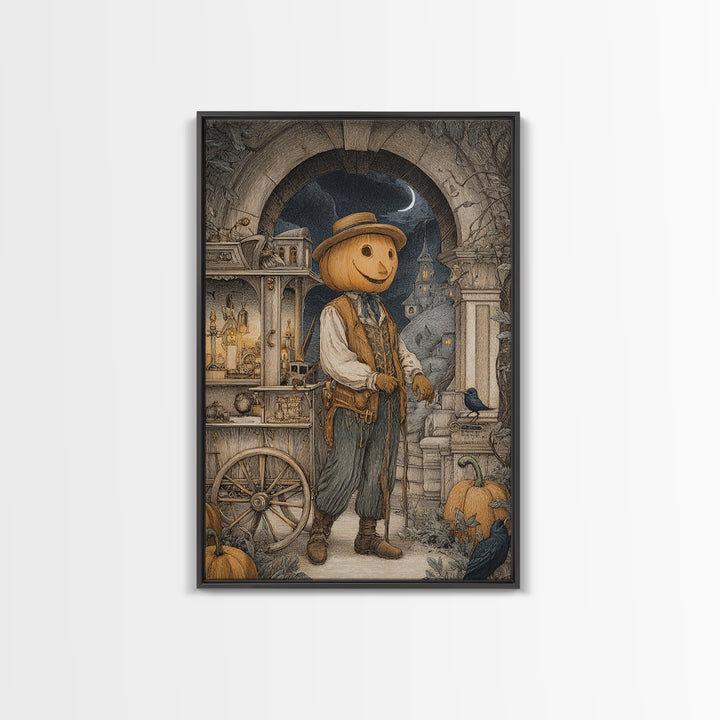 The Pumpkin-Headed Tea Merchant, Victorian Macabre Art, Vertical Wall Art, Macabre Wall Art, Framed Canvas Print, Halloween Wall Art