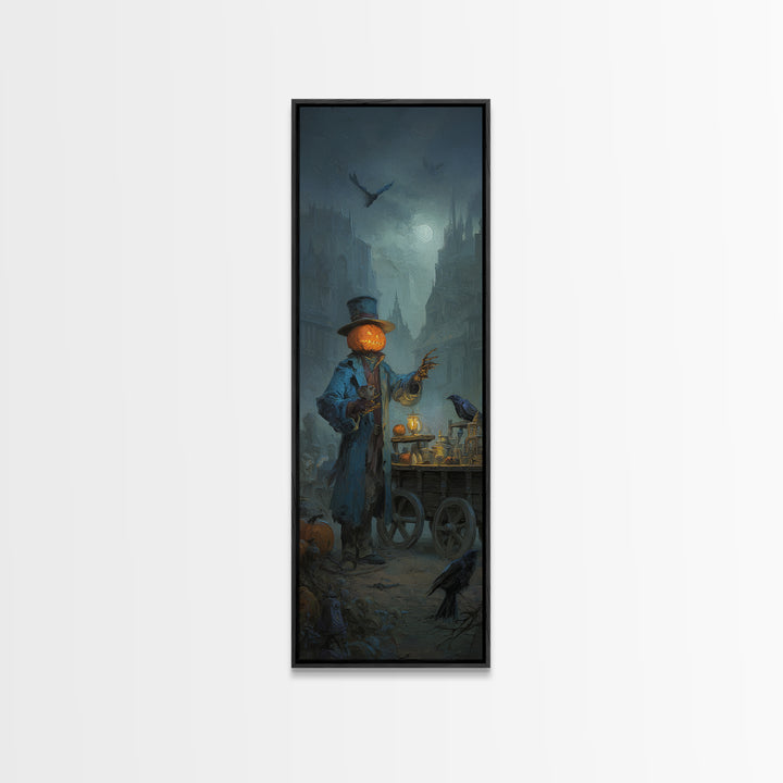The Pumpkin-Headed Tea Merchant, Surreal Apocalyptic Art, Tall Narrow Wall Art, Gothic Horror Wall Art, Framed Canvas Print