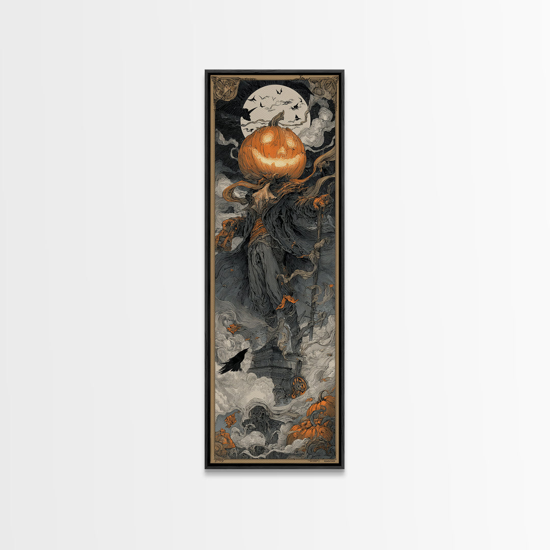 The Pumpkin-Headed Tea Merchant, Biomechanical Horror Art, Tall Narrow Wall Art, Macabre Wall Art, Canvas Print, Halloween Wall Art