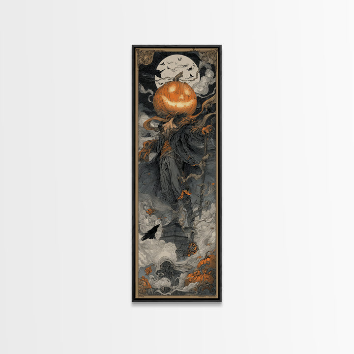 The Pumpkin-Headed Tea Merchant, Biomechanical Horror Art, Tall Narrow Wall Art, Macabre Wall Art, Canvas Print, Halloween Wall Art