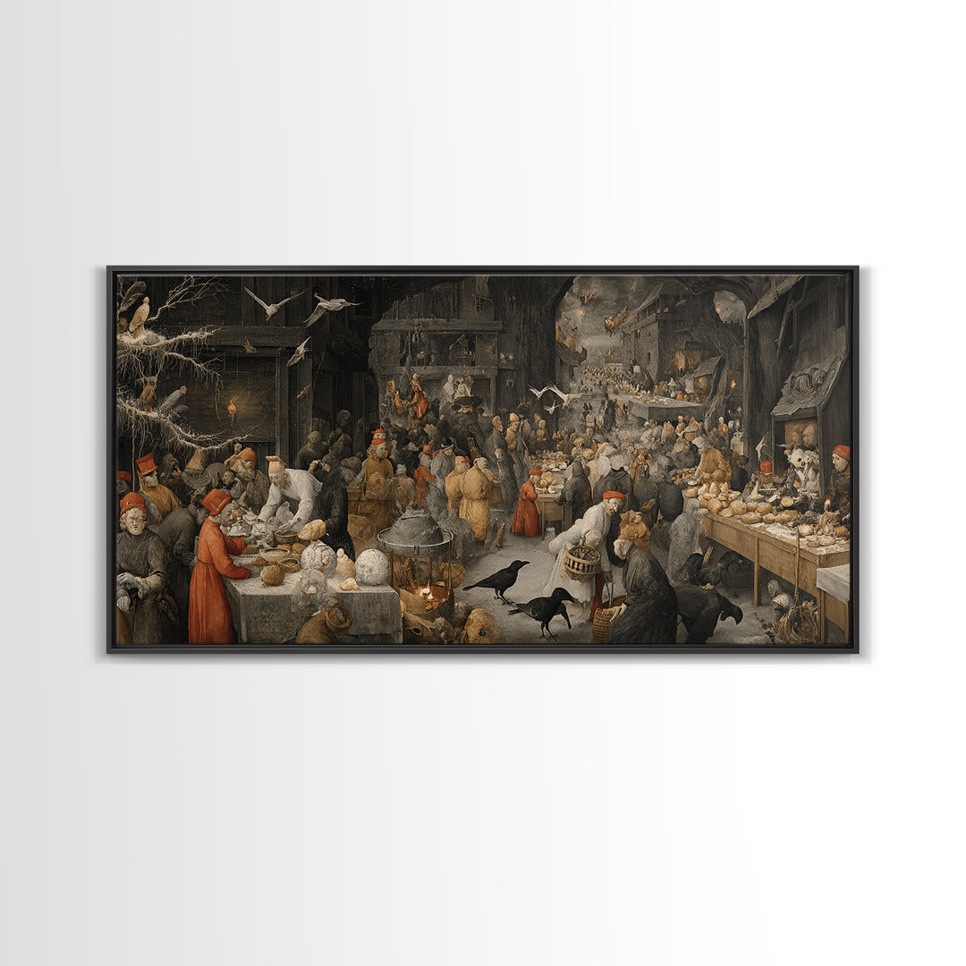 The Ghost Bakery, Northern Renaissance Horror, Wide Panoramic Art, Dark Halloween Decor, Framed Canvas Print, Halloween Wall Art