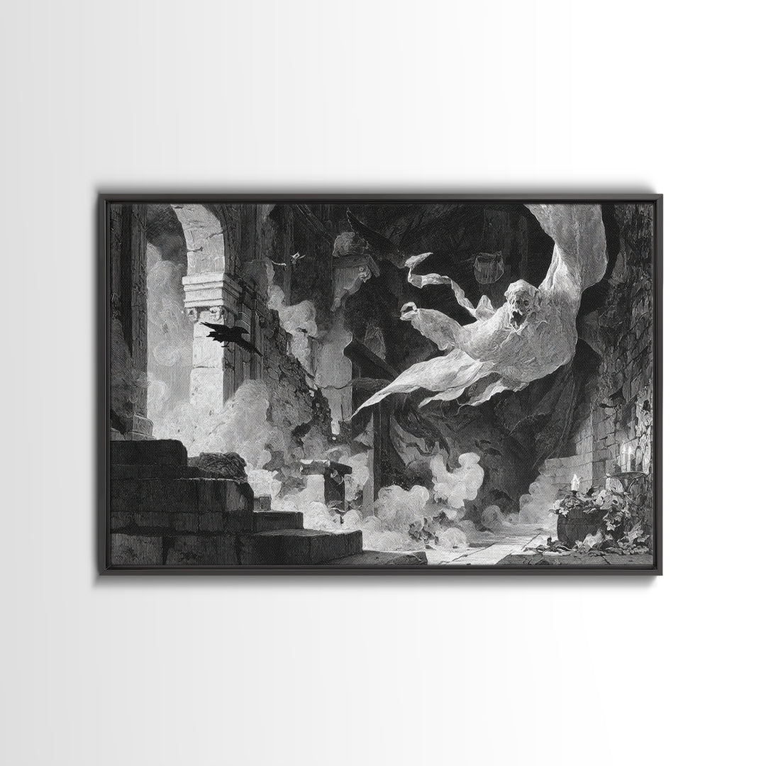 The Ghost Bakery, Architectural Etching Art, Landscape Wall Art, Macabre Wall Art, Framed Canvas Print, Halloween Wall Art