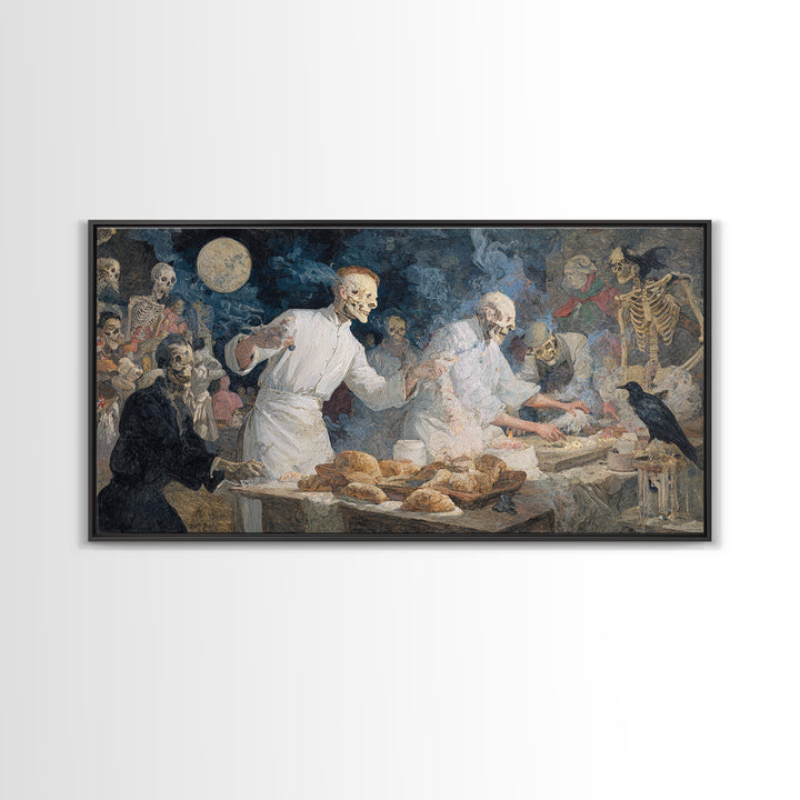 The Ghost Bakery, Grotesque Carnival Art, Wide Panoramic Art, Dark Fantasy Wall Art, Framed Canvas Print, Halloween Wall Art