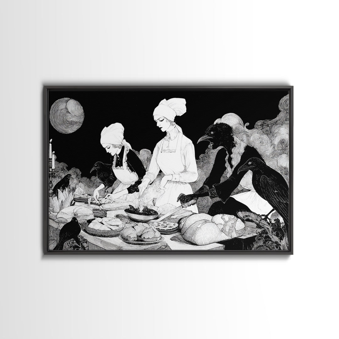 The Ghost Bakery, Decadent Line Art, Landscape Wall Art, Dark Fantasy Wall Art, Framed Canvas Print, Halloween Wall Art