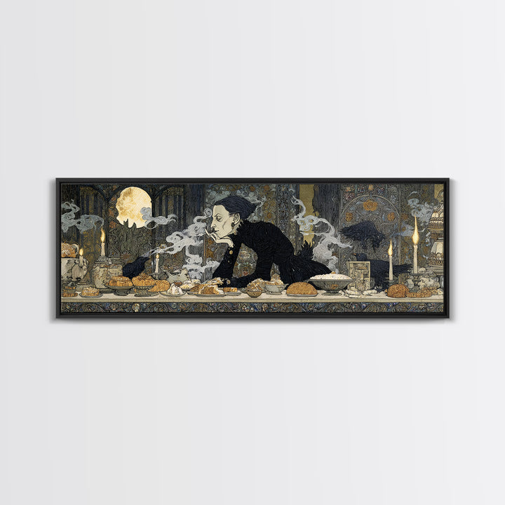 The Ghost Bakery, Stained Glass Gothic Art, Extra Wide Wall Art, Dark Halloween Decor, Framed Canvas Print, Halloween Wall Art