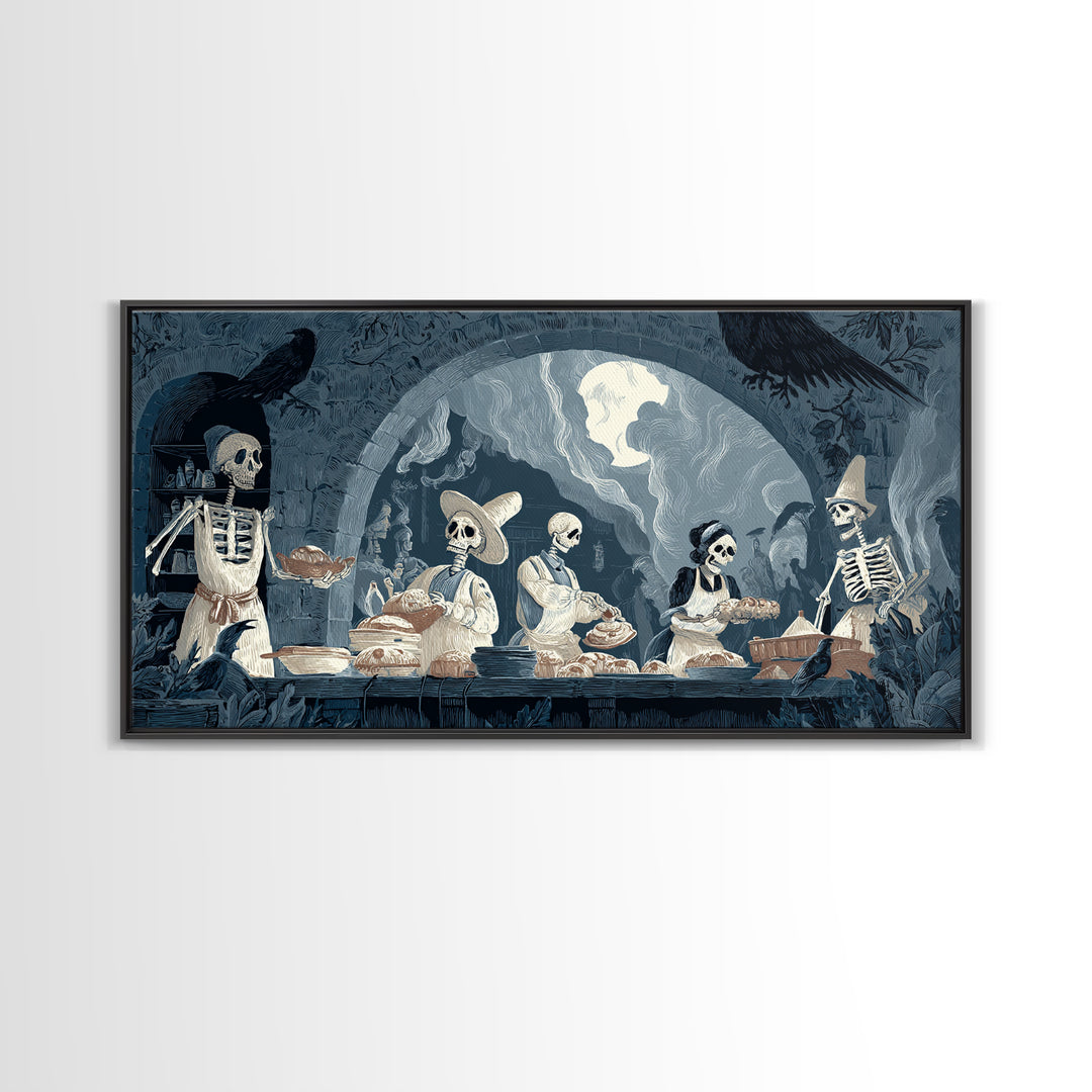 The Ghost Bakery, Macabre Folk Print Art, Wide Panoramic Art, Dark Halloween Decor, Canvas Print, Halloween Wall Art