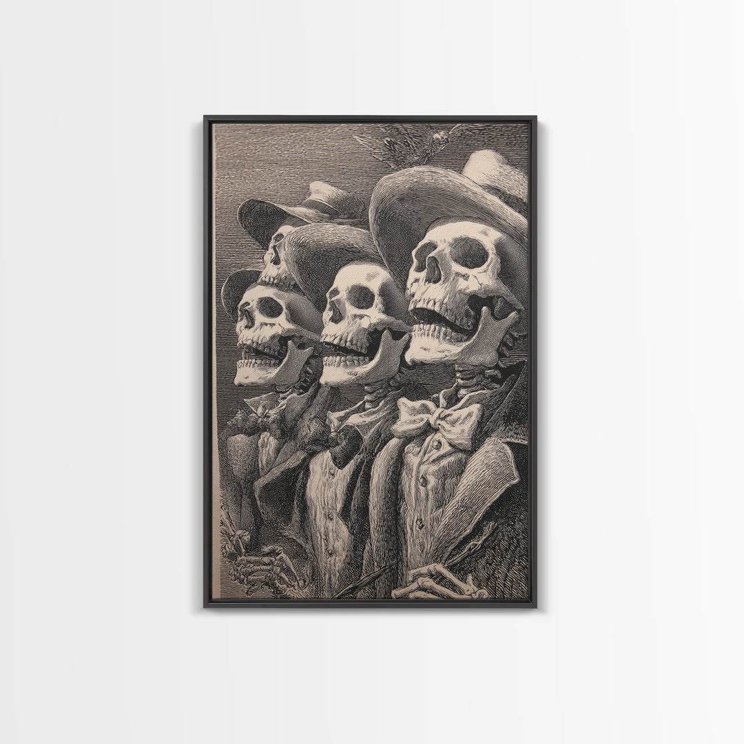 The Skeleton Barbershop Quartet, Renaissance Engraving Art, Vertical Wall Art, Gothic Horror Wall Art, Framed Canvas Print