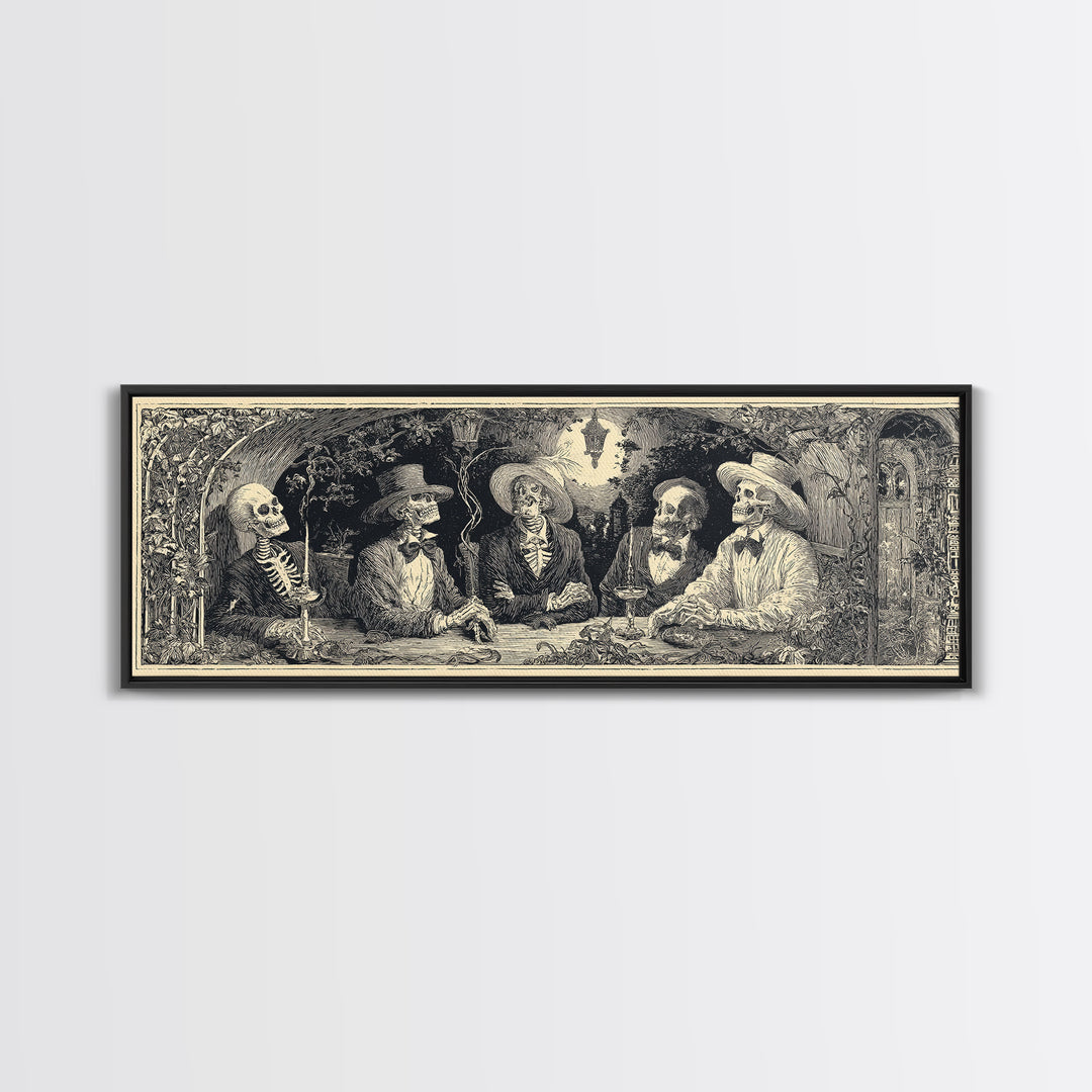 The Skeleton Barbershop Quartet, Symbolist Etching Art, Extra Wide Wall Art, Macabre Wall Art, Canvas Print, Halloween Wall Art