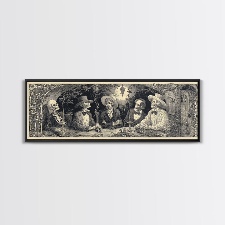 The Skeleton Barbershop Quartet, Symbolist Etching Art, Extra Wide Wall Art, Macabre Wall Art, Canvas Print, Halloween Wall Art