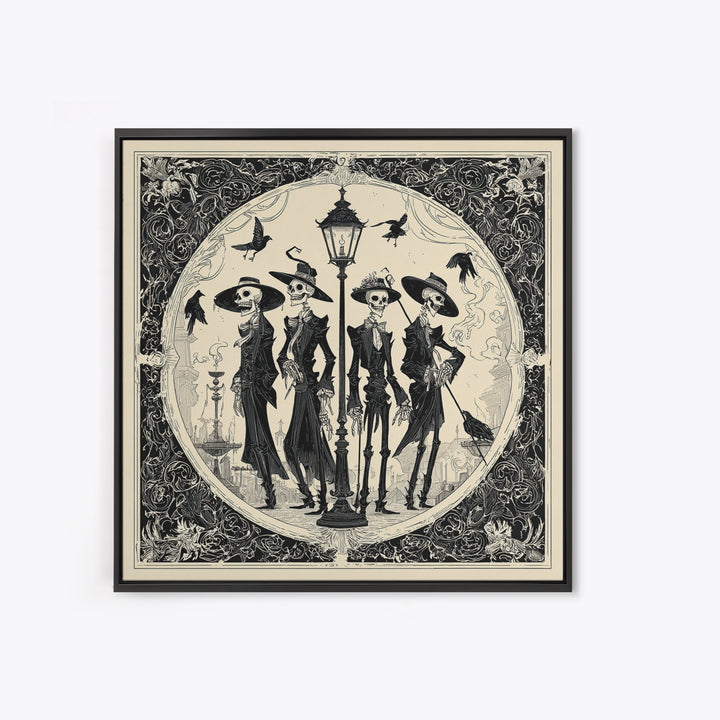 The Skeleton Barbershop Quartet, Decadent Line Art, Square Wall Art, Dark Halloween Decor, Framed Canvas Print