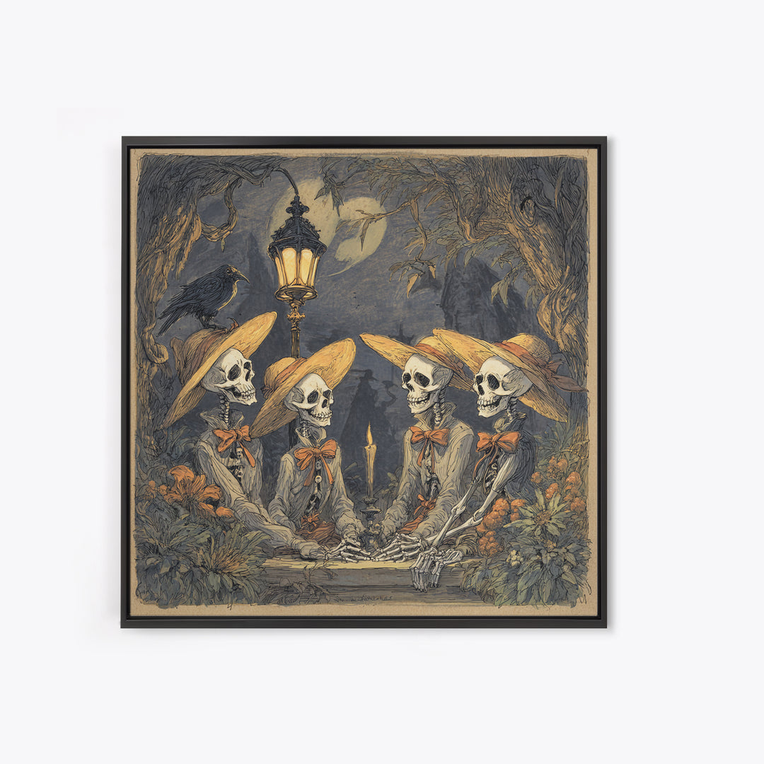The Skeleton Barbershop Quartet, Gothic Storybook Art, Square Wall Art, Dark Halloween Decor, Framed Canvas Print, Halloween Wall Art