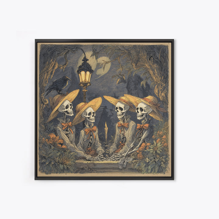 The Skeleton Barbershop Quartet, Gothic Storybook Art, Square Wall Art, Dark Halloween Decor, Framed Canvas Print, Halloween Wall Art