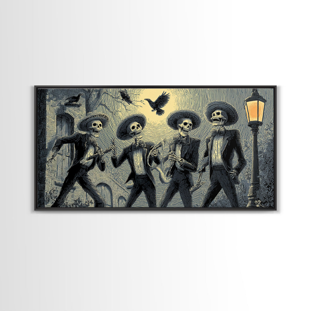 The Skeleton Barbershop Quartet, Macabre Folk Print Art, Wide Panoramic Art, Dark Halloween Decor, Canvas Print