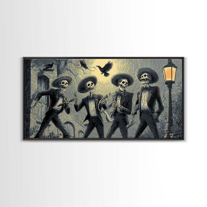 The Skeleton Barbershop Quartet, Macabre Folk Print Art, Wide Panoramic Art, Dark Halloween Decor, Canvas Print