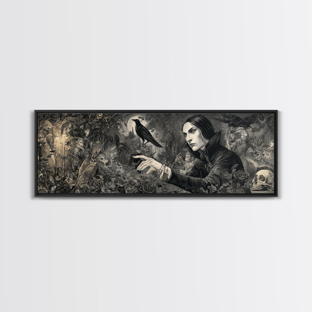 The Vampire Florist, Medieval Grotesque Art, Extra Wide Wall Art, Gothic Horror Wall Art, Framed Canvas Print, Halloween Wall Art
