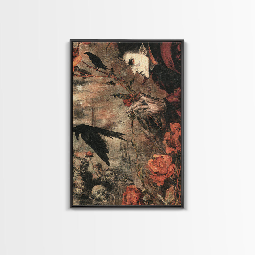 The Vampire Florist, Dark Renaissance Art, Vertical Wall Art, Dark Fantasy Wall Art, Canvas Print, Halloween Wall Art
