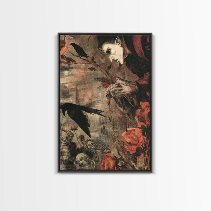 The Vampire Florist, Dark Renaissance Art, Vertical Wall Art, Dark Fantasy Wall Art, Canvas Print, Halloween Wall Art