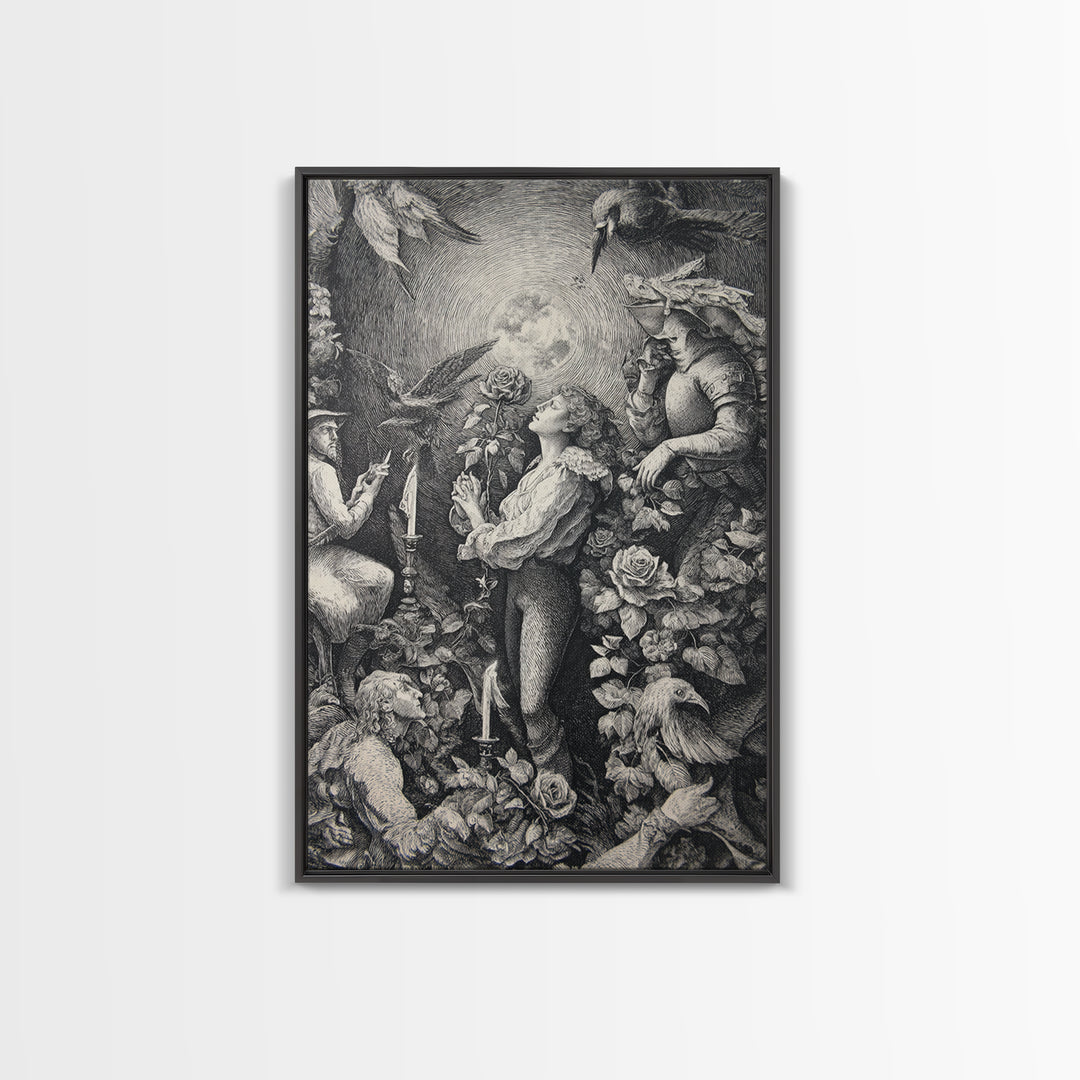 The Vampire Florist, Renaissance Engraving Art, Vertical Wall Art, Dark Fantasy Wall Art, Framed Canvas Print, Halloween Wall Art
