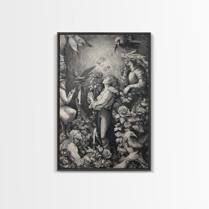 The Vampire Florist, Renaissance Engraving Art, Vertical Wall Art, Dark Fantasy Wall Art, Framed Canvas Print, Halloween Wall Art