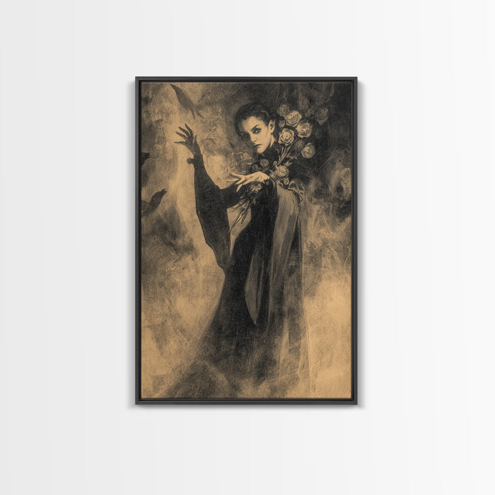 The Vampire Florist, Symbolist Dream Art, Vertical Wall Art, Macabre Wall Art, Framed Canvas Print, Halloween Wall Art